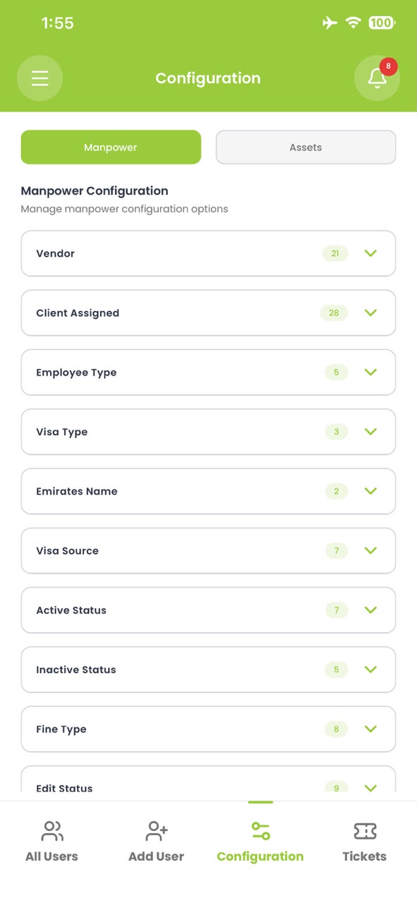 Supervisor app manpower configuration lists