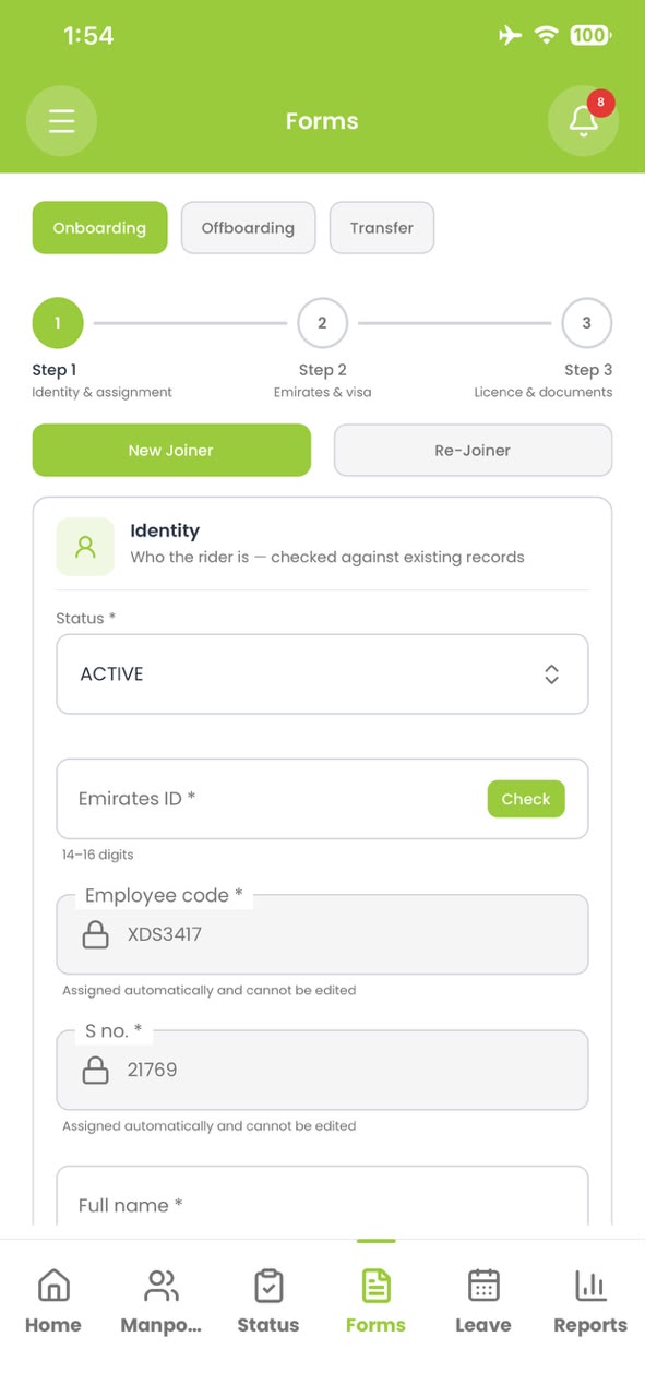 Rider onboarding form in the Rydr& app