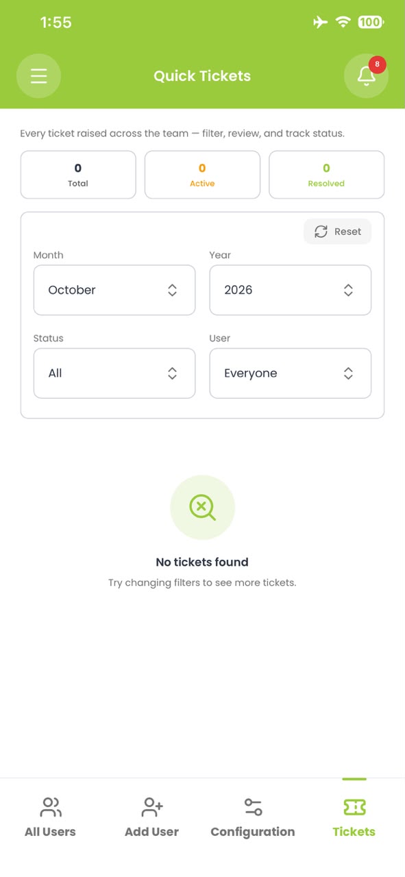 Rydr& app quick tickets raised across the team